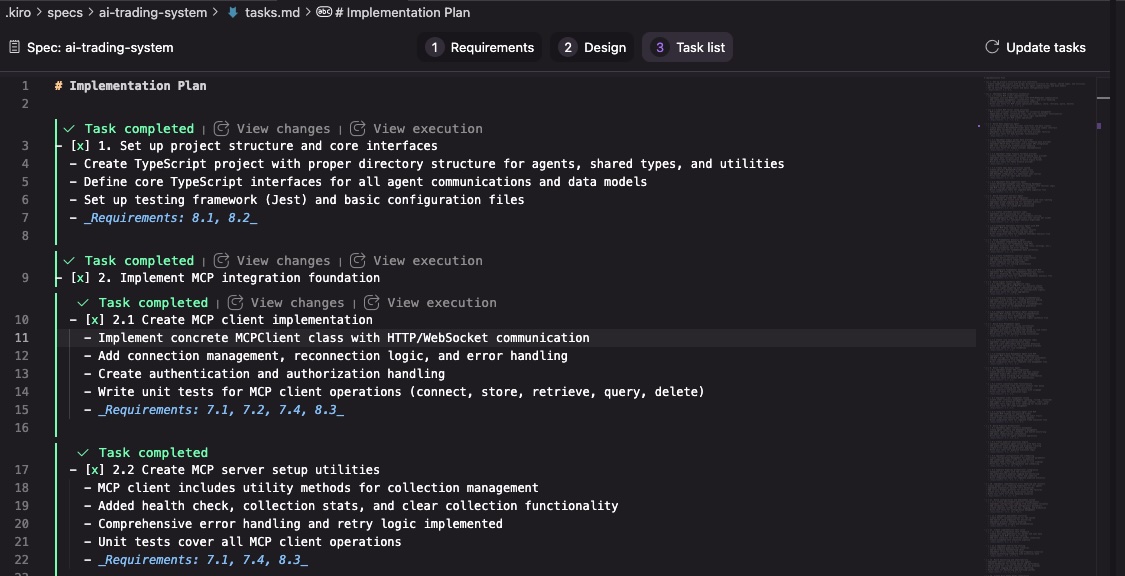 Kiro task list screenshot